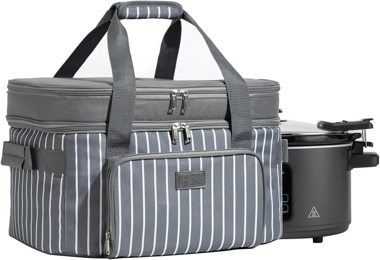 Fun Elements Double Layer Slow Cooker Carrier Bag for 6-8 Quart Oval CrockPot, Insulated Crock Pot Travel Bag with Support Pad and Adjustable Straps, Top Zip Compartment and Front Pocket for Utensils