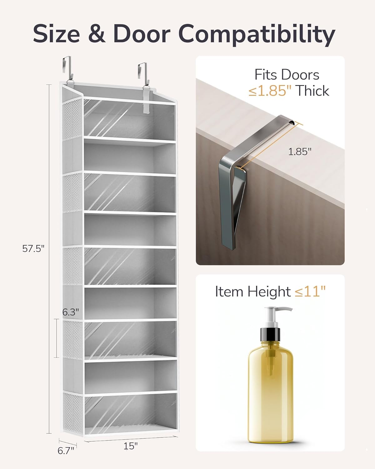 ULG 1-Pack Over Door Organizer with 5 Large Pockets 10 Mesh Side Pockets, 44 lbs Weight Capacity Hanging Storage Organizer with Clear Window for Bedroom Bathroom Kitchen, RV, Camper, Clear