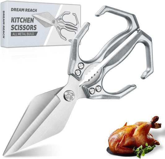 Dream Reach Heavy Duty Poultry Shears Kitchen Scissors Dishwasher Safe with Ergonomic Handle, Japanese High-Carbon Steel Cooking Shears for Chicken, Meat, Seafood, Bone Cutting (Silver)