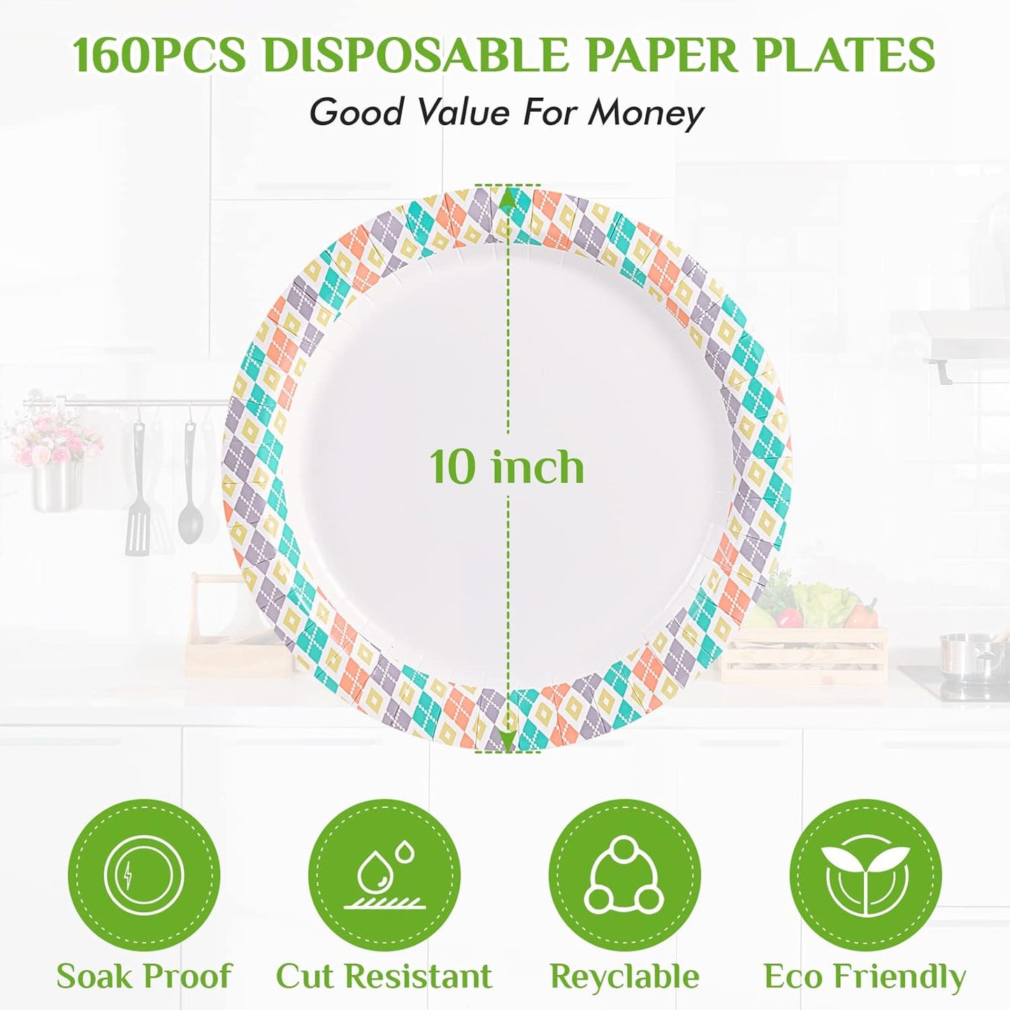 FOCUSLINE 10 Inch Paper Plates, 160 Count Disposable Paper Plates for Everyday Use, Cut-Proof & Soak-Proof Coated Dinner Plate Large, Round 10" Plate for Home, Party