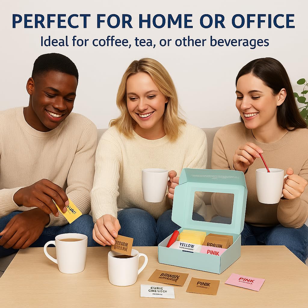 Pogalight Premium, Sugar and Sweeteners Variety Pack (300-Pack) - 70 Pure Cane Sugar, 40 Brown Sugar,70 Yellow Stevia, 70 Pink Sweetener, 50 Stirrers - Perfect for Coffee, Tea, Baking, Office, Restaurant,