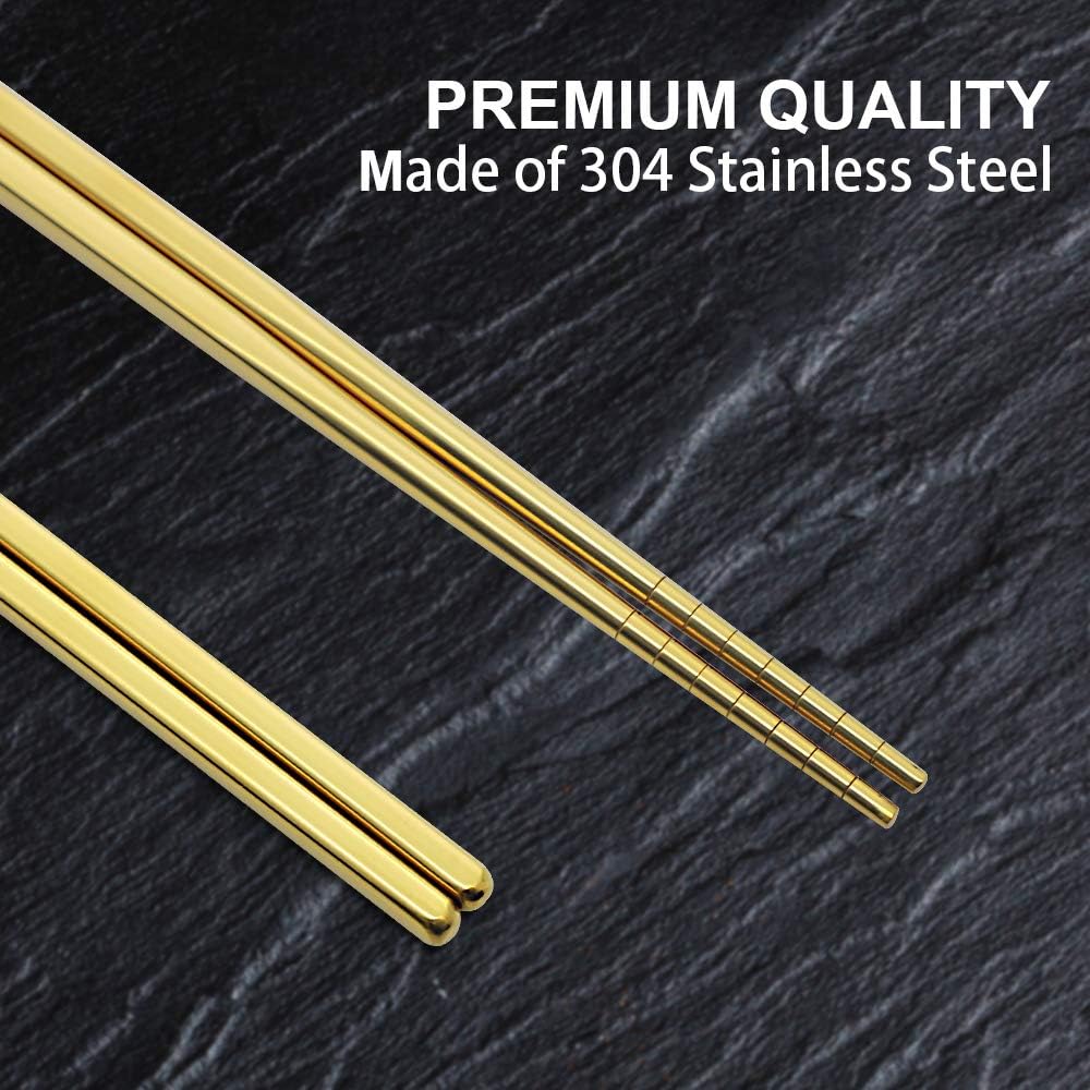 Stainless Steel Chopsticks Reusable Multicolor Lightweight 304 Metal Chopsticks Dishwasher Safe - 5 Pairs (Gold)