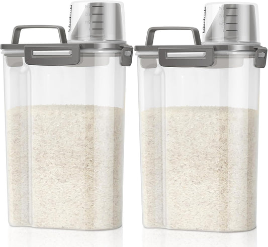 TBMax Rice Container Cereal Storage Container 2 Pack 5 Lbs, Kitchen Pantry Dry Food Storage Holder with Easy-Pouring Spout & Handy Cup, Small Pet Dog Cat Food Dispenser for Daily Feeding -Grey