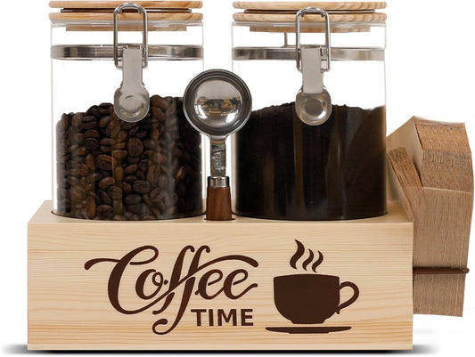 Glass Coffee Canister Set with Shelf & Spoon 2 Piece Coffee Containers for Coffee Bean Storage Airtight Seal, Coffee Bar Accessories Filter Holder for Kitchen Organization
