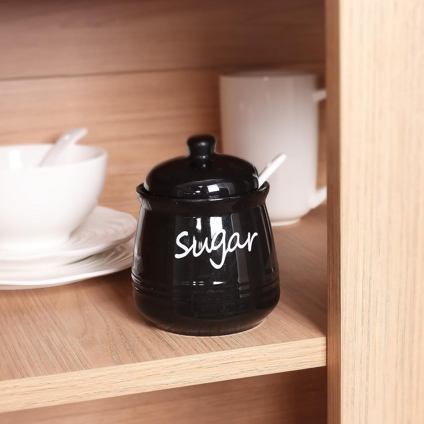 HAOTOP 12oz Sugar Bowl with Lid and Spoon,Ceramic Sugar Jar Sugar Dispenser Sugar Container Coffee Bar Accessories, Kitchen Countertop Canisters, Black
