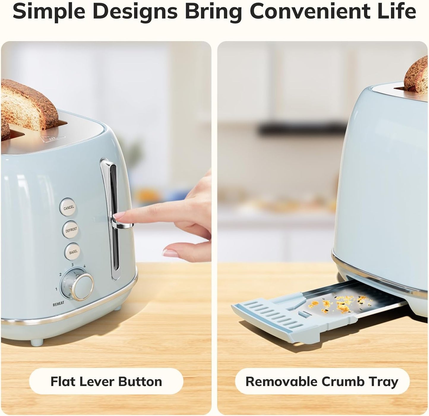 Retro 2 Slice Stainless Steel Toaster with 6 Bread Shade Settings, Bagel, Cancel, Defrost Function, Extra Wide Slot, Removable Crumb Tray, Blue