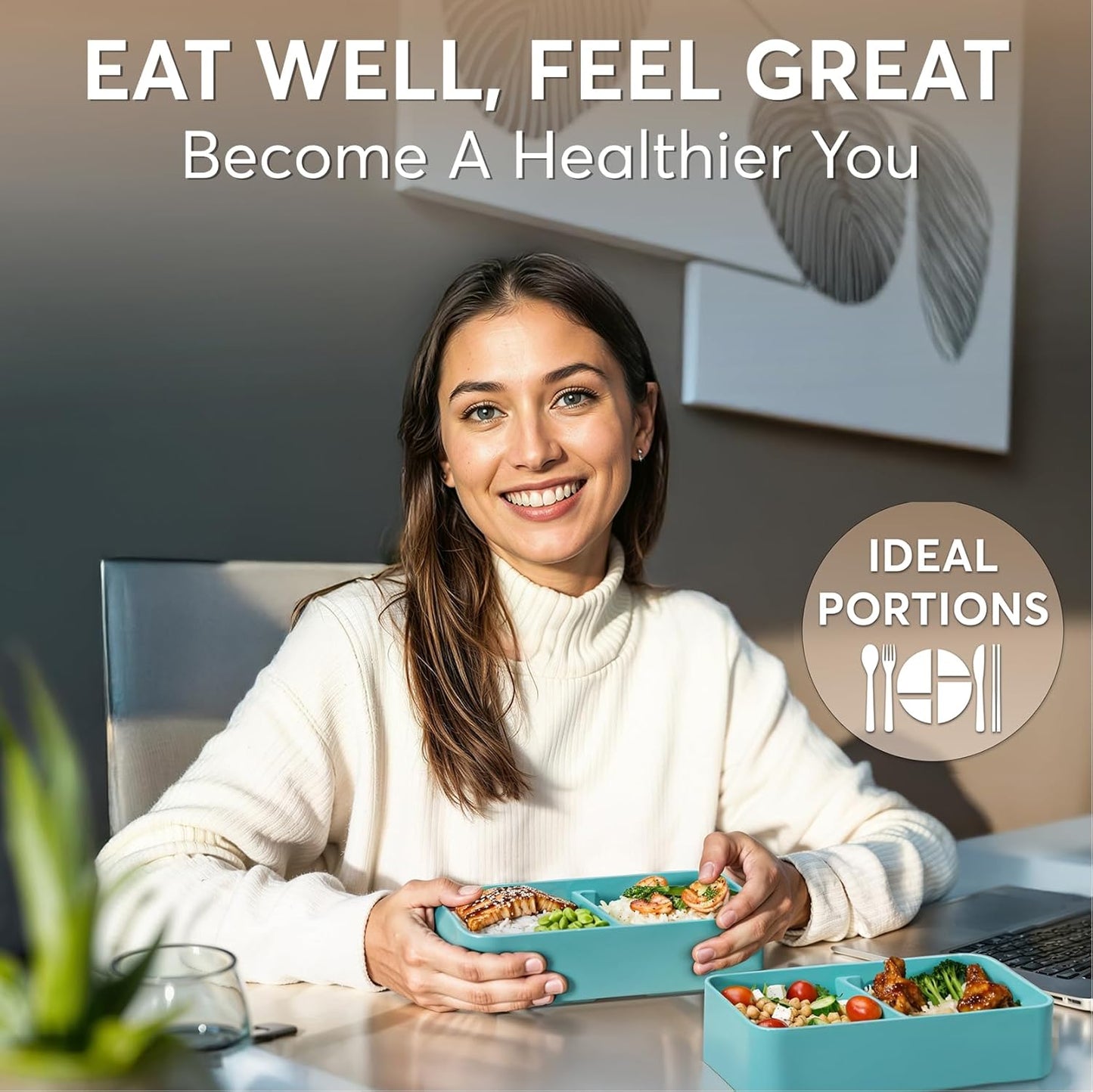 Umami Bento Box Adult All-in-1 w/ 4 Utensils, 100% Leakproof, Dishwasher & Microwave Safe Lunch Containers for Adults w/ 4 Compartments, Fresh Turquoise, 40 oz