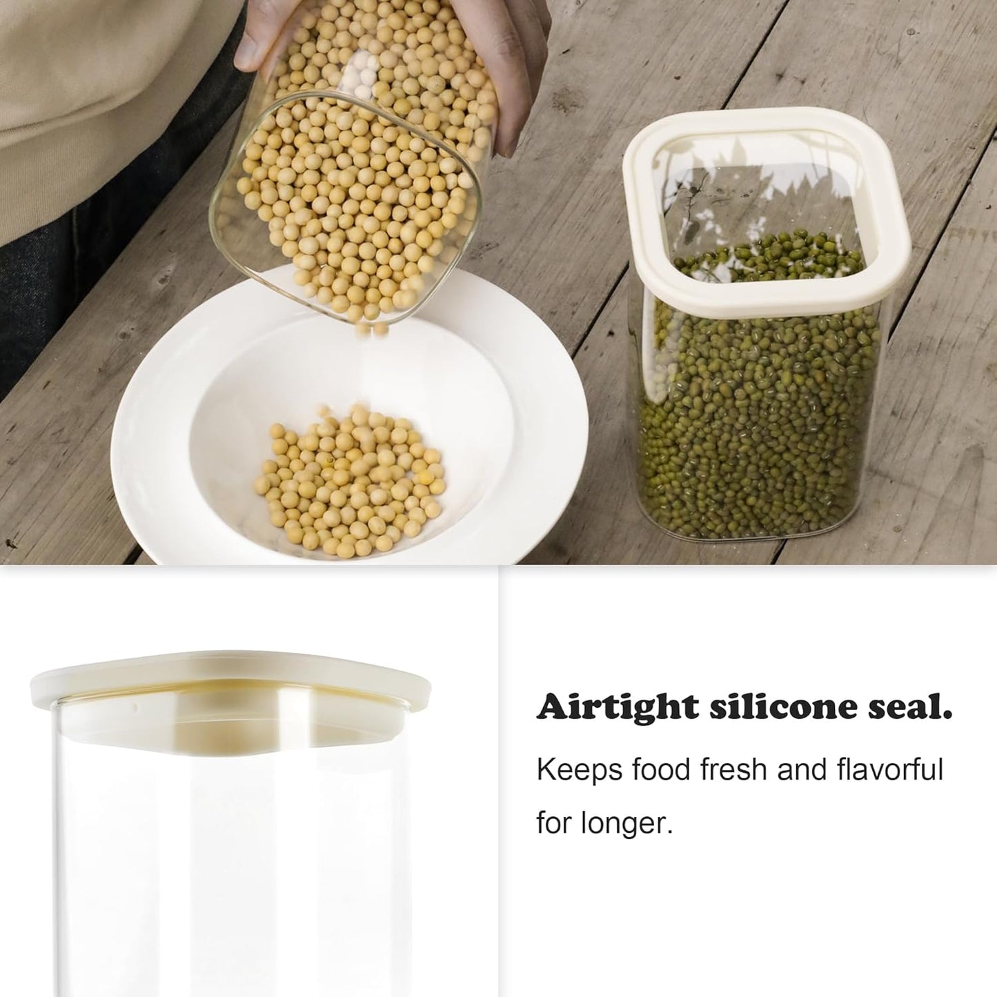 8pcs Square Pantry Glass Jars with Clear Airtight Lids Kitchen Canisters Sets for Flour, Sugar Refrigerator Safe, Available in 2 Sizes: 40oz / 54 oz, Patent Approved