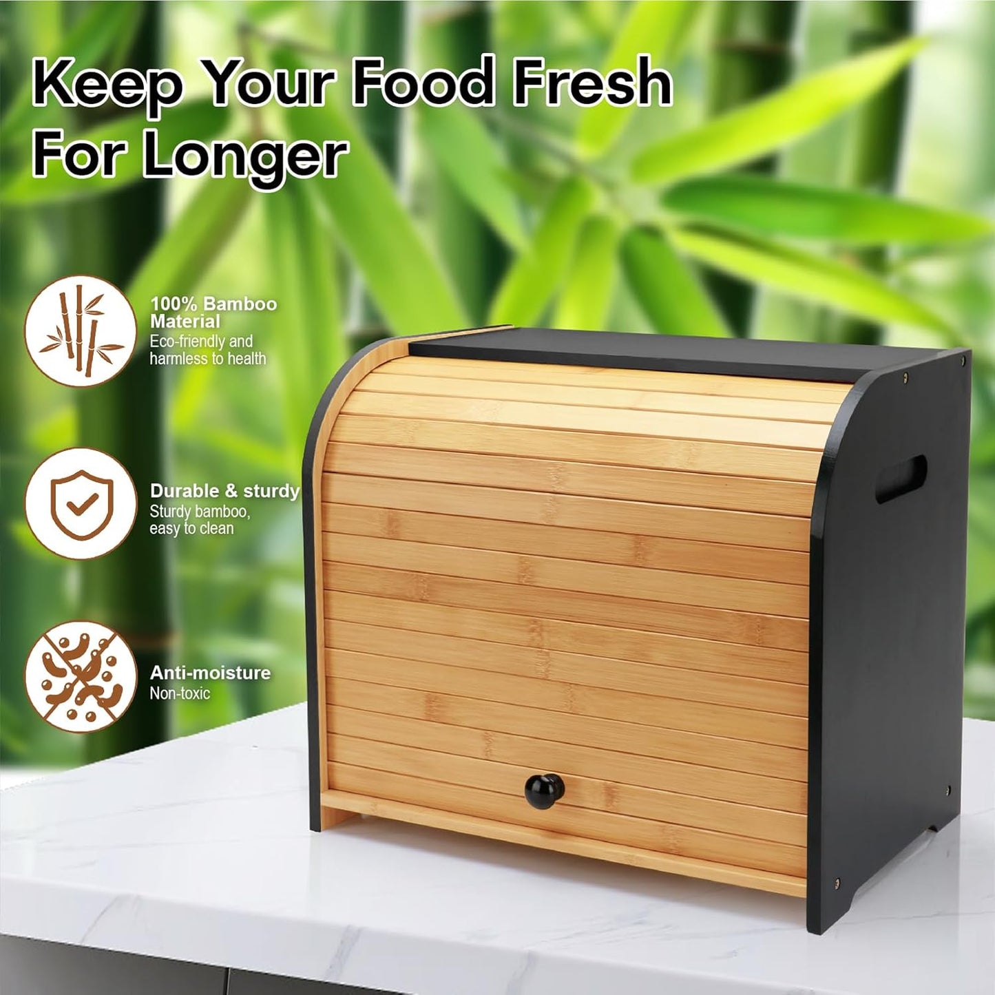 Bread Box for Kitchen Countertop, Double Layer Bamboo Bread Storage Container for Homemade Bread, Roll Top Bread Box with 3 Adjustable Height for Kitchen Counter, Black Breadbox Organizer