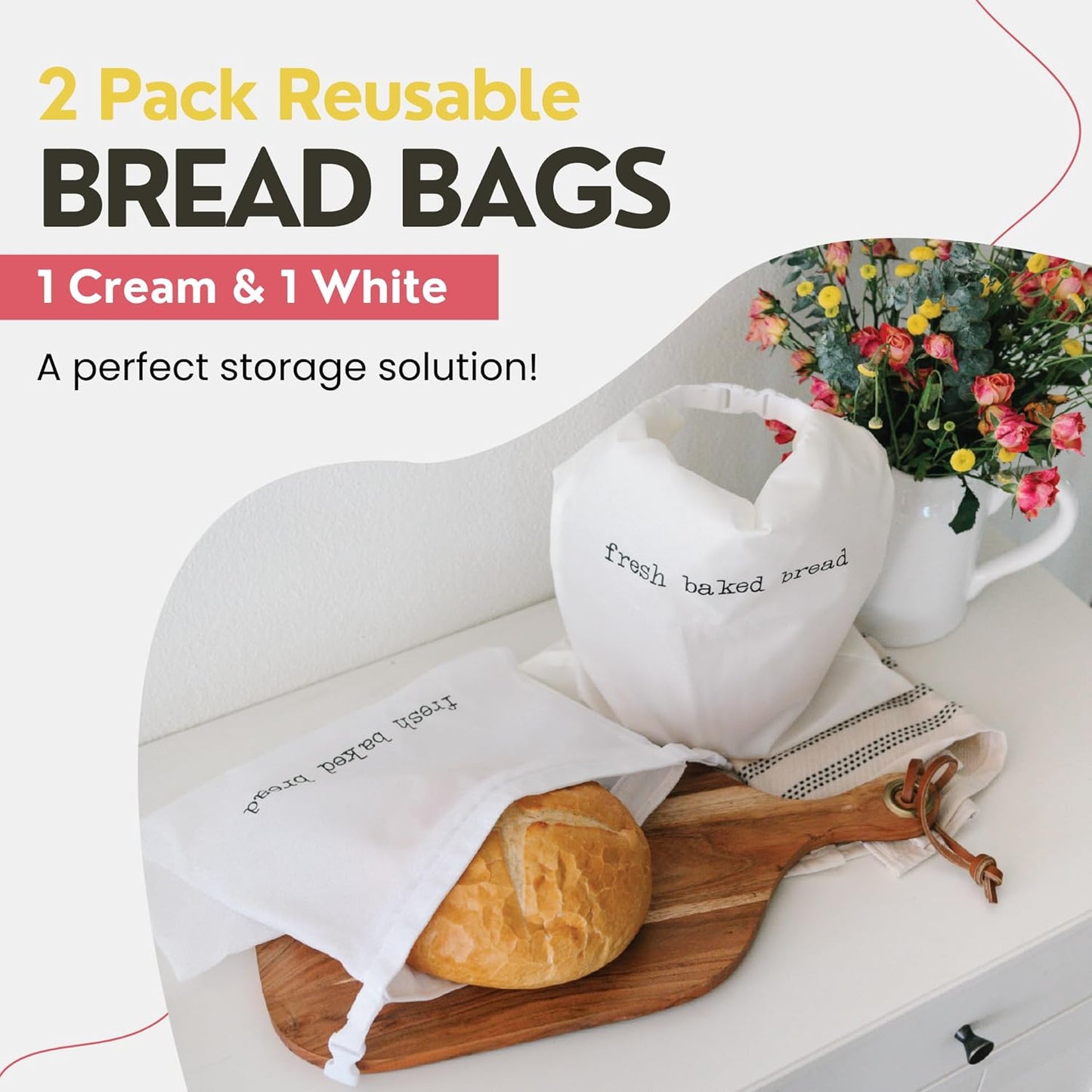 Reusable Bags for Homemade Bread Storage (2-Pack) - 13"W x 18"H - Plastic Fresh Bread Storage Bags - Metal Zipper & Buckle - Freezer Safe Bag, Machine Washable Sourdough Bag