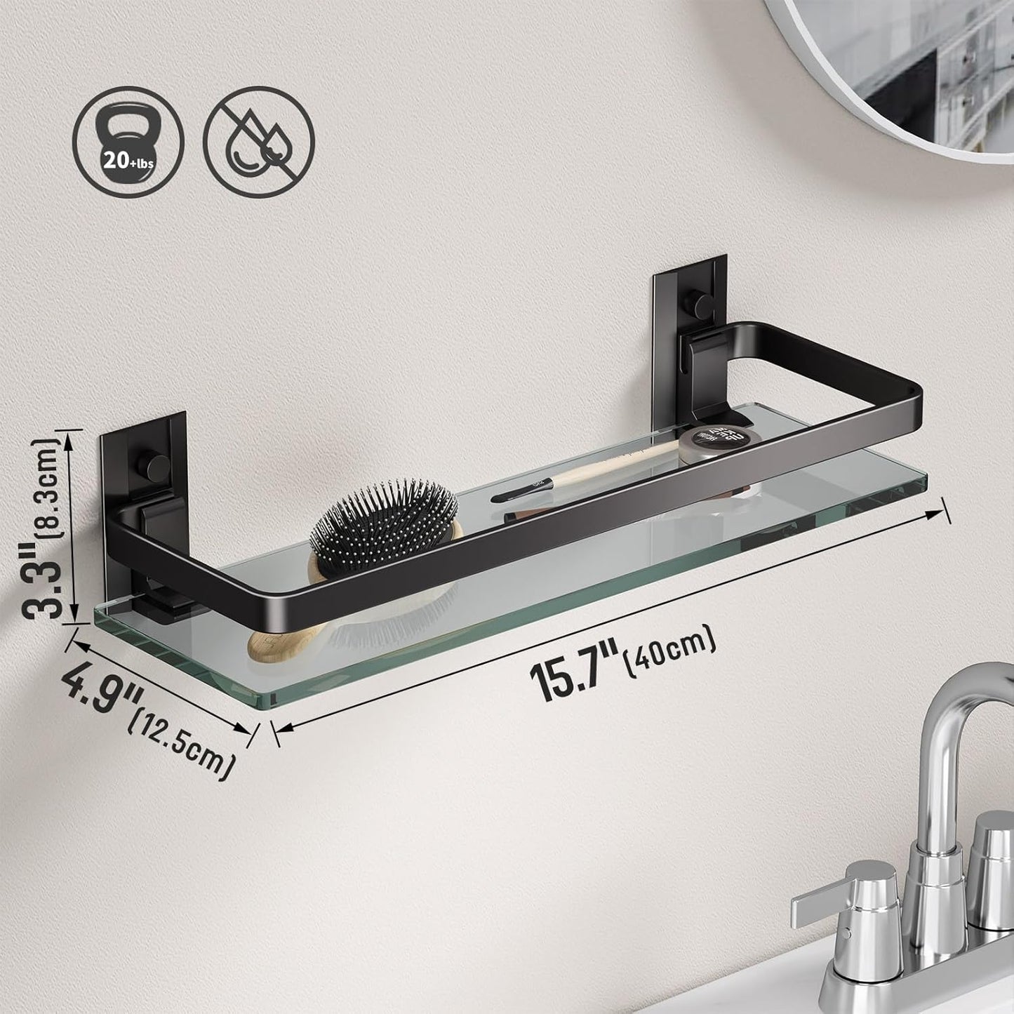 Danpoo Clear Tempered Glass Wall Shelf, Wall-Mounted Organizer for Bathroom, Kitchen(Matte Black)