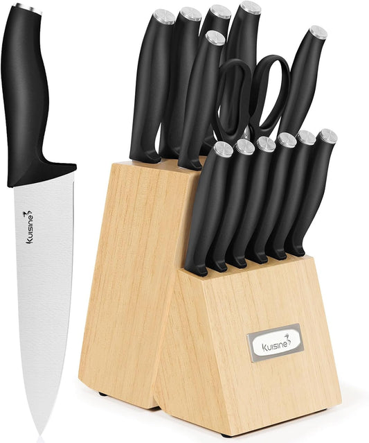Kuisine Kitchen Knife Set,High Carbon Stainless Steel Ultra Sharp Blade Ergonomic Handle,Knife Set with Block Built-in Sharpener(15PCS,Black)