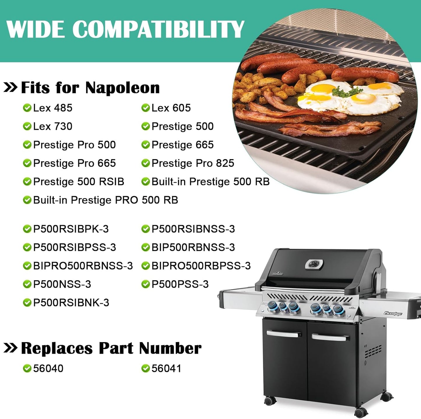 Hiorucet Cast Iron Griddle, Reversible Griddle Plate for Napoleon Prestige 500, Pro 500, Built-In 500, LEX Series, 485, 665, 605, 730, 825, 56040, 56041 - 2-Sided Cooking Flat Top Pan