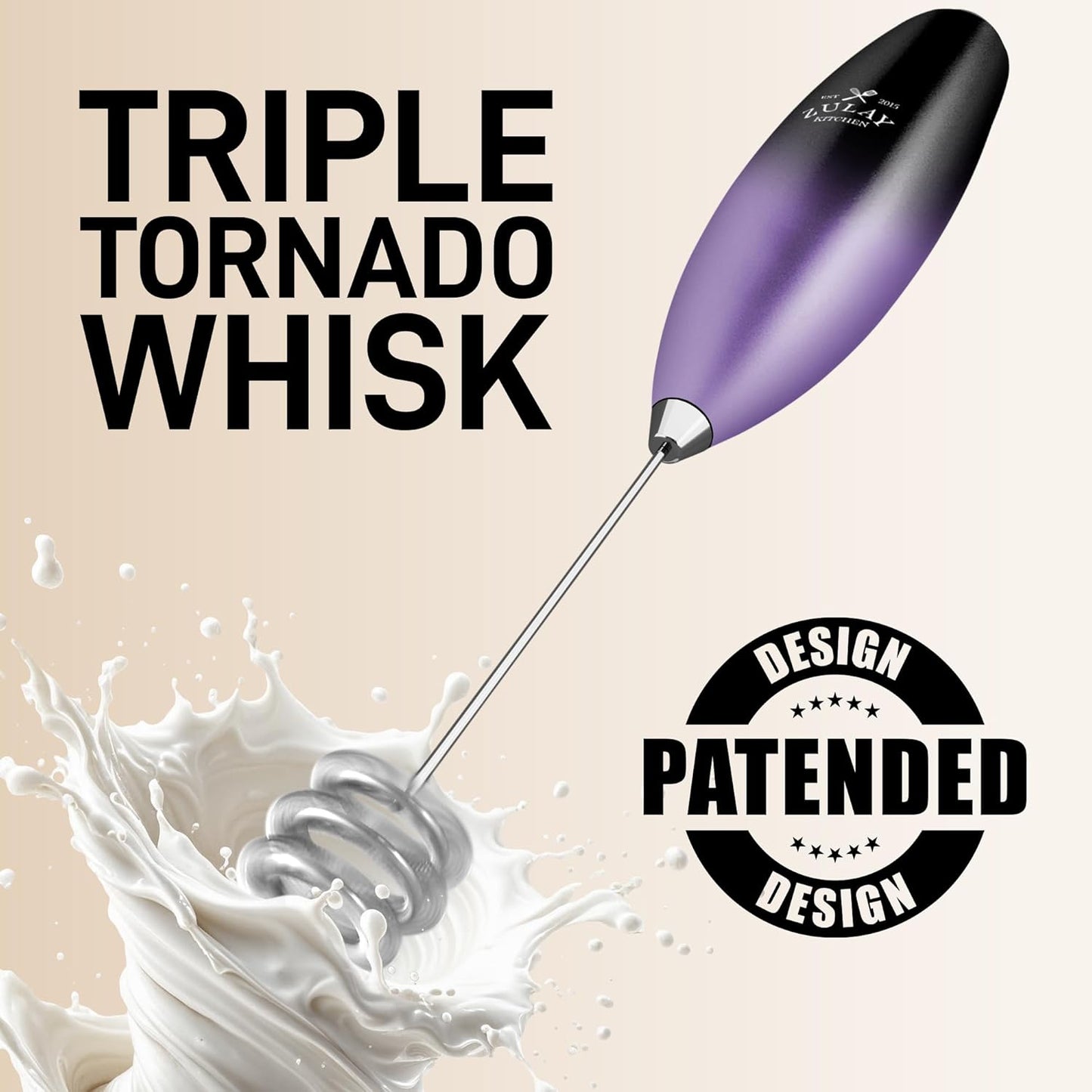Zulay Kitchen Patented Tornado Triple Whisk Milk Frother with 4 Duracell Batteries – Handheld Foam Maker for Coffee, Lattes, Matcha & Hot Chocolate – Rich, Creamy Froth in Seconds