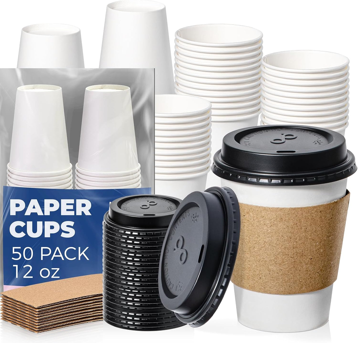 Fit Meal Prep 50 Pack 12 oz Disposable Coffee Cups with Lids, Sleeves, Leak-Proof To Go Coffee Cups with Lids, Durable Paper Cups for Hot Beverage, Home, Office, Party
