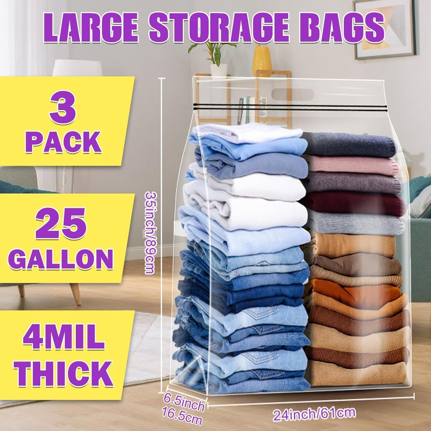 25 Gallon Extra Large Storage Bags 35”x 24”Resealable Clear Bags with Handle 4 Mil Thick Heavy Duty Big Bag for Clothes Pillow Travel Moving,Bedding,Shoes and Toys Storage, Pack of 3