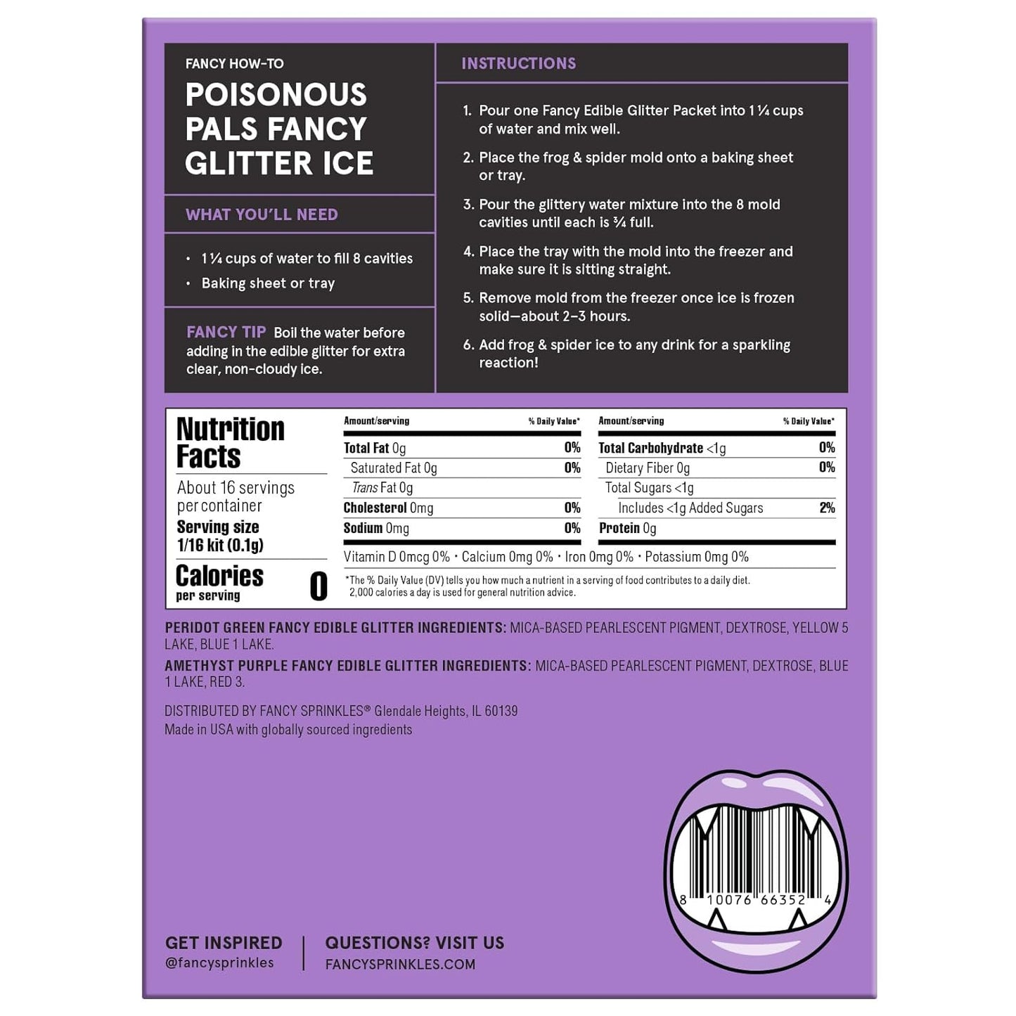 Fancy Sprinkles Limited Edition Halloween Poisonous Pals Glitter Ice Decorating Kit For Halloween Celebrations with Reusable Silicone Mold of Both Frogs and Spiders, and Two Colors of Edible Glitter