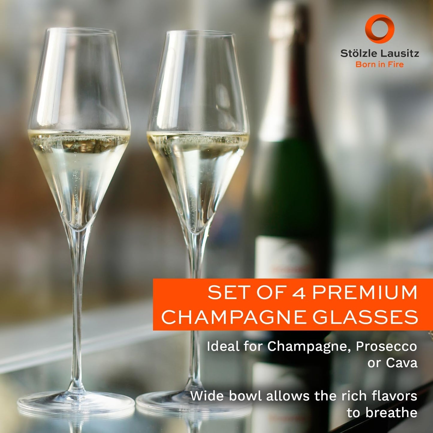 Stölzle Lausitz Set of 4 Glass Champagne Flutes (QUATROPHIL). Dishwasher Safe Lead-Free Crystal Champagne Glasses (10.25Fl oz) Break-Resistant Mimosa Glasses, Mimosa Flutes - Genuine Stölzle Glassware