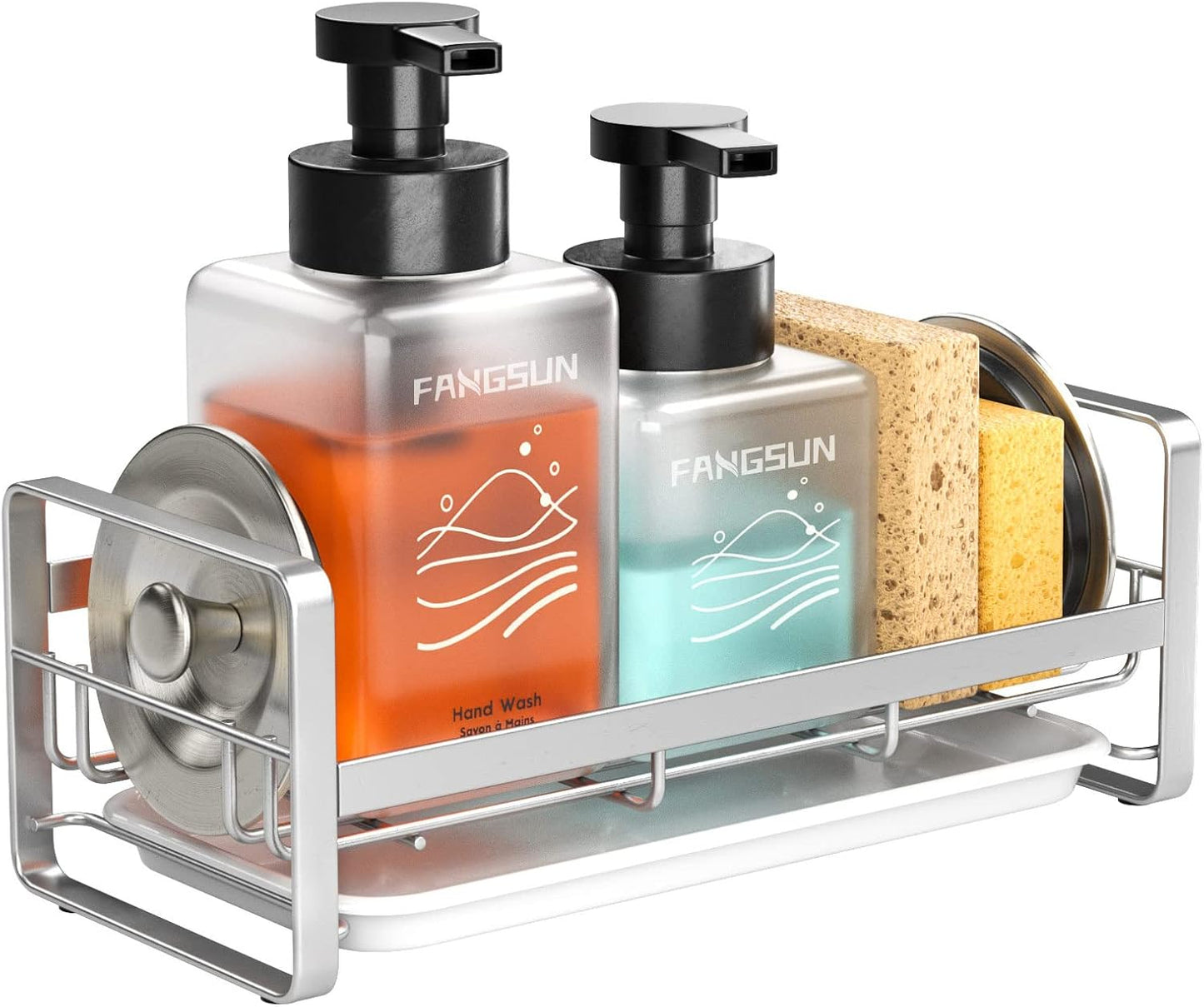 FANGSUN Large Sponge Holder for Kitchen Sink, 304 Stainless Steel Sink Caddy Organizer with Removable Drip Tray, Kitchen Countertop Dish Soap Holder, Not Include Soap Dispenser, Grey