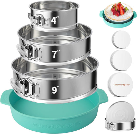 4, 7, 9 Inches Springform Pan Set of 3-304 Stainless Steel Nonstick Springform Cake Pan Set with Removable Bottom, 10 Inch Leakproof Silicone Cheesecake Pan Protector with 60 Pcs Parchment Paper