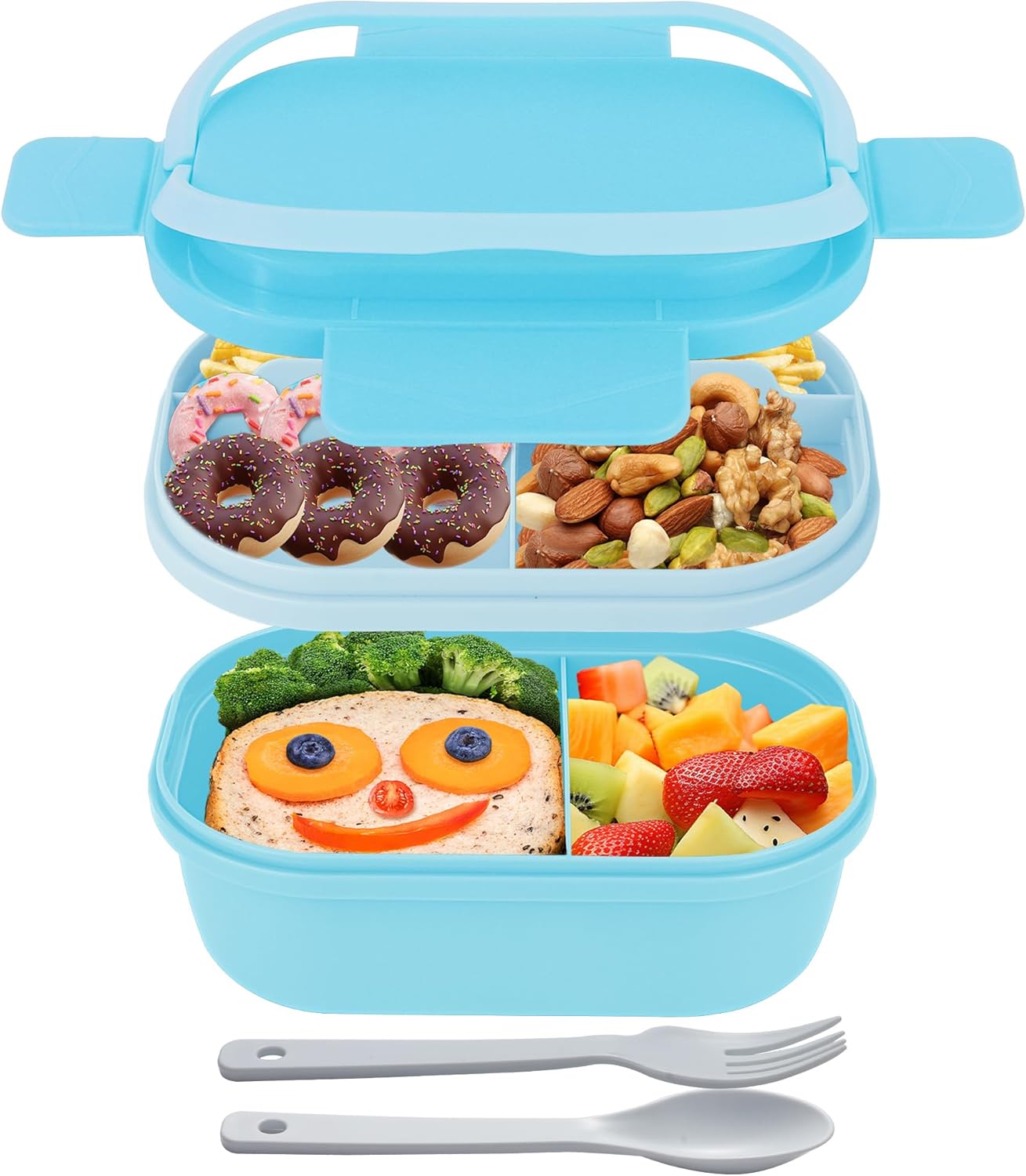 Bento Box Adult Lunch Box with Hidden-Handle, Leak-Proof Lunch Containers for Adults & kids, 2-Layer 5-Compartment 6 Cup with Utensils, Blue