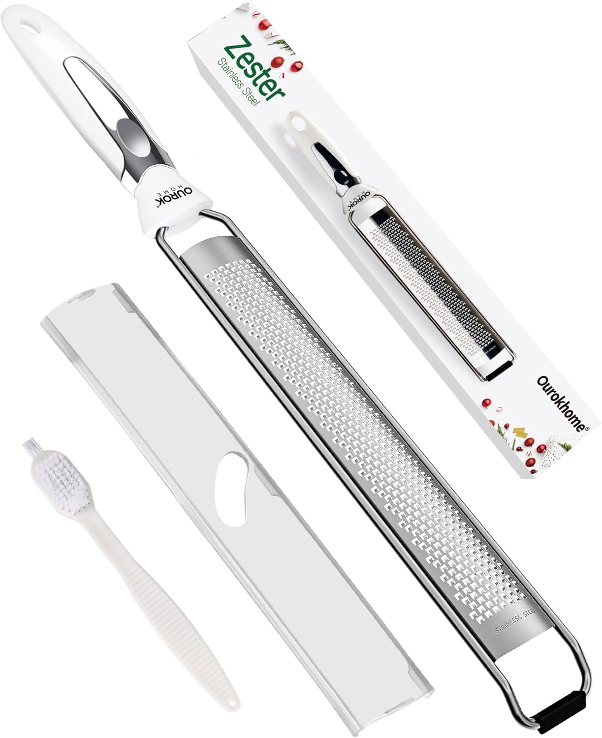 Ourokhome Kitchen Lemon Zester, Stainless Steel Hand Held Parmesan Cheese Grater for Ginger, Chocolate, Coconut, Lime, Nutmeg, Citrus, Fruit, Vegetable with Cleaning Brush, Dishwasher safe, White