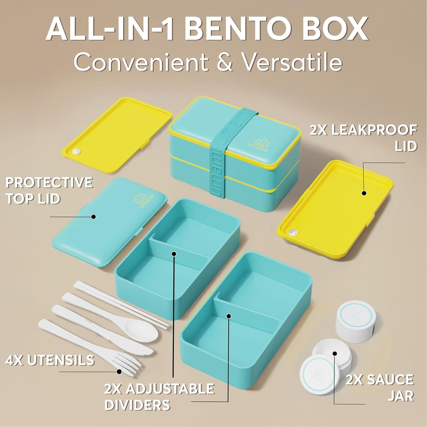 Umami Bento Box Adult All-in-1 w/ 4 Utensils, 100% Leakproof, Dishwasher & Microwave Safe Lunch Containers for Adults w/ 4 Compartments, Fresh Turquoise, 40 oz
