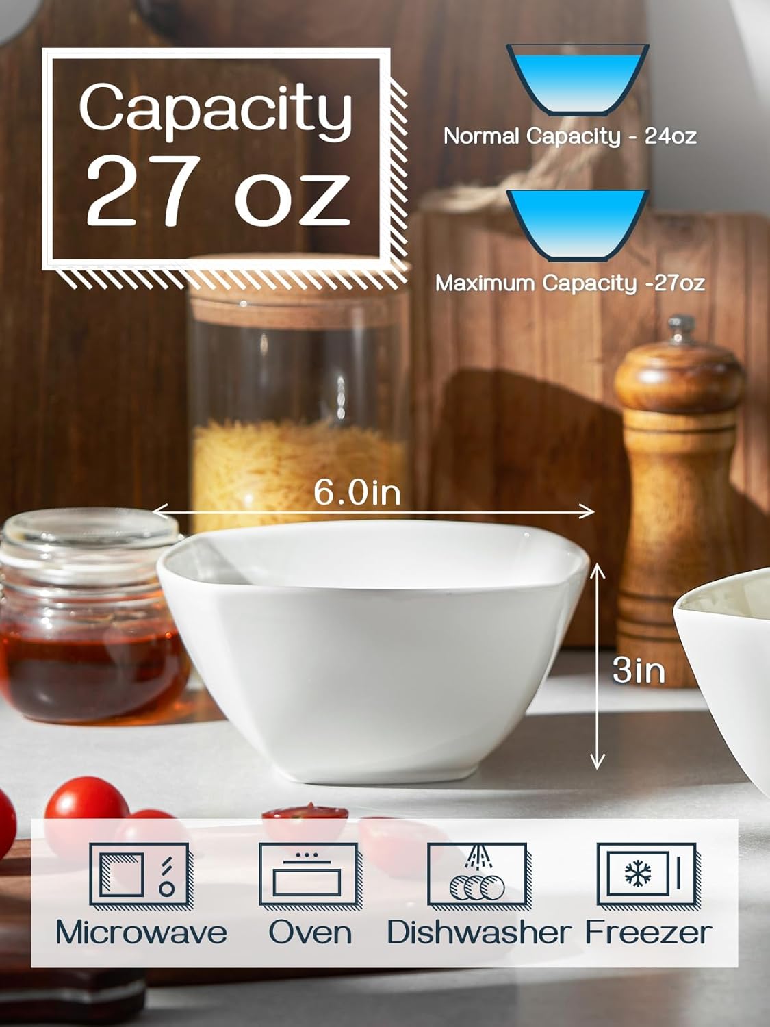 DOWAN Porcelain Soup Bowls Set of 6, 27 OZ Ceramic Square Cereal Bowls, White Bowl, for Ice Cream and Dessert Snack, Wedding Party Gift, Microwave Safe Bowl