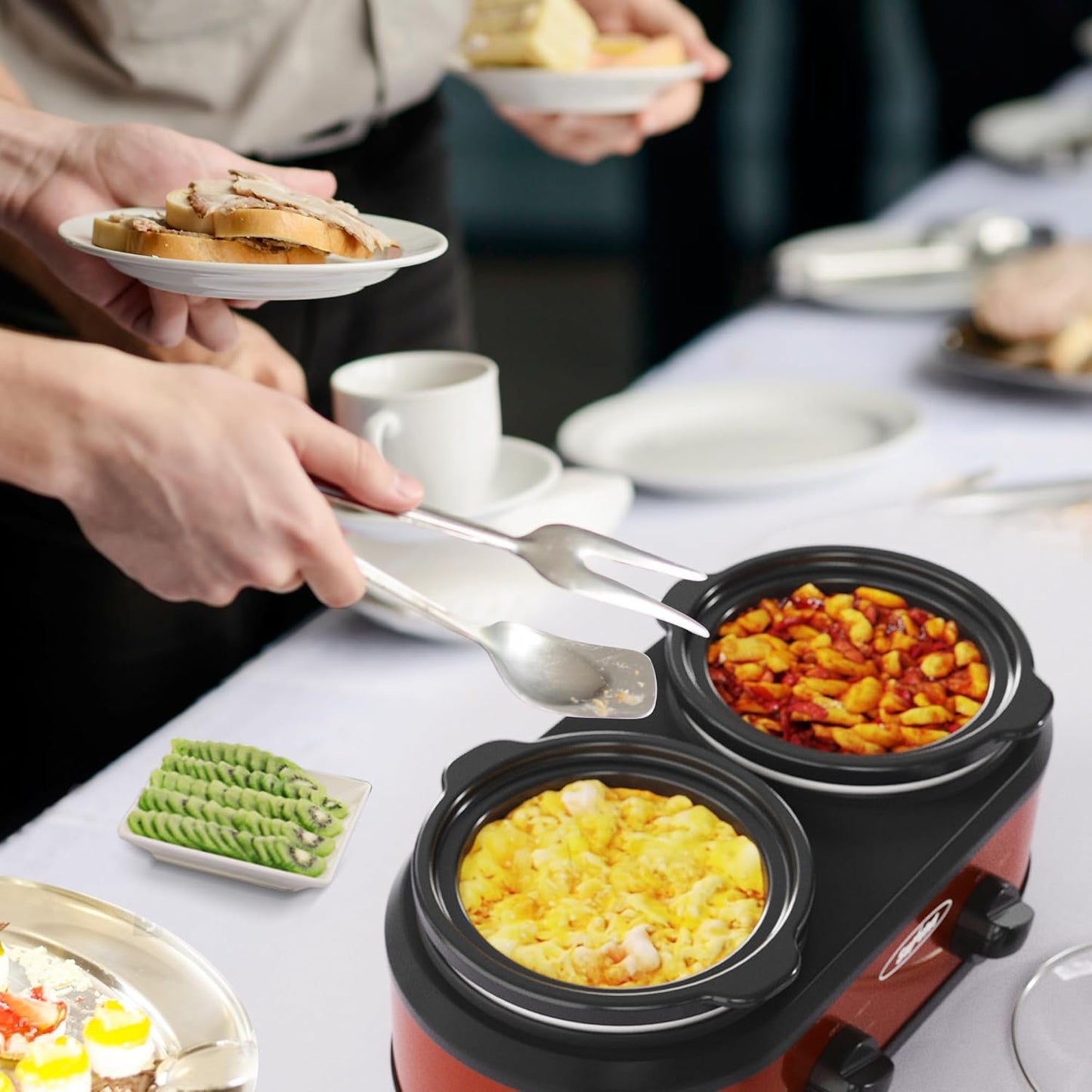 Sunvivi Double Slow Cooker,2 Pot Small Mini Crock Buffet Servers and Warmer,Dual Pot Oval Manual Slow Cooker with Adjustable Temp Removable Ceramic Pot,Stainless Steel, Total 2 * 1.25 Quarts Red