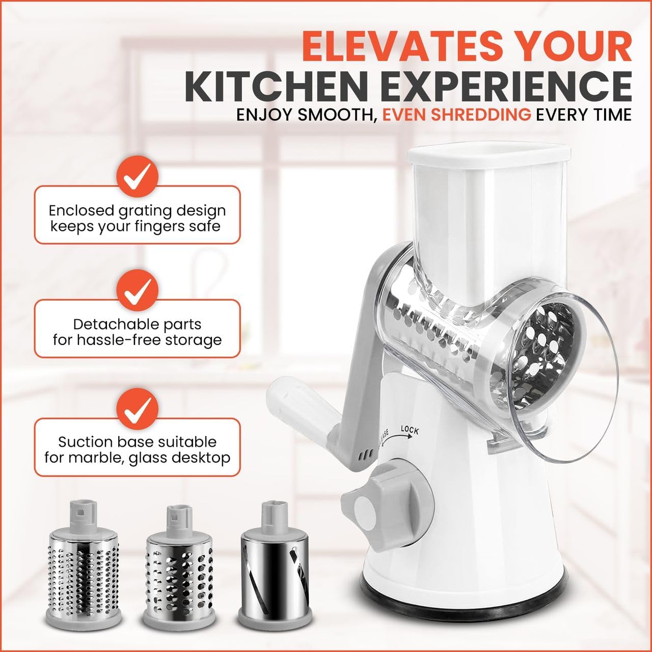 Rotary Cheese Grater Hand Crank with handle - Upgraded strong suction, changeable blades, handheld kitchen aid 3-in-1 Cheese Shredder. Kitchen Rotary Grater Slicer for Fruit, Vegetables, Nuts