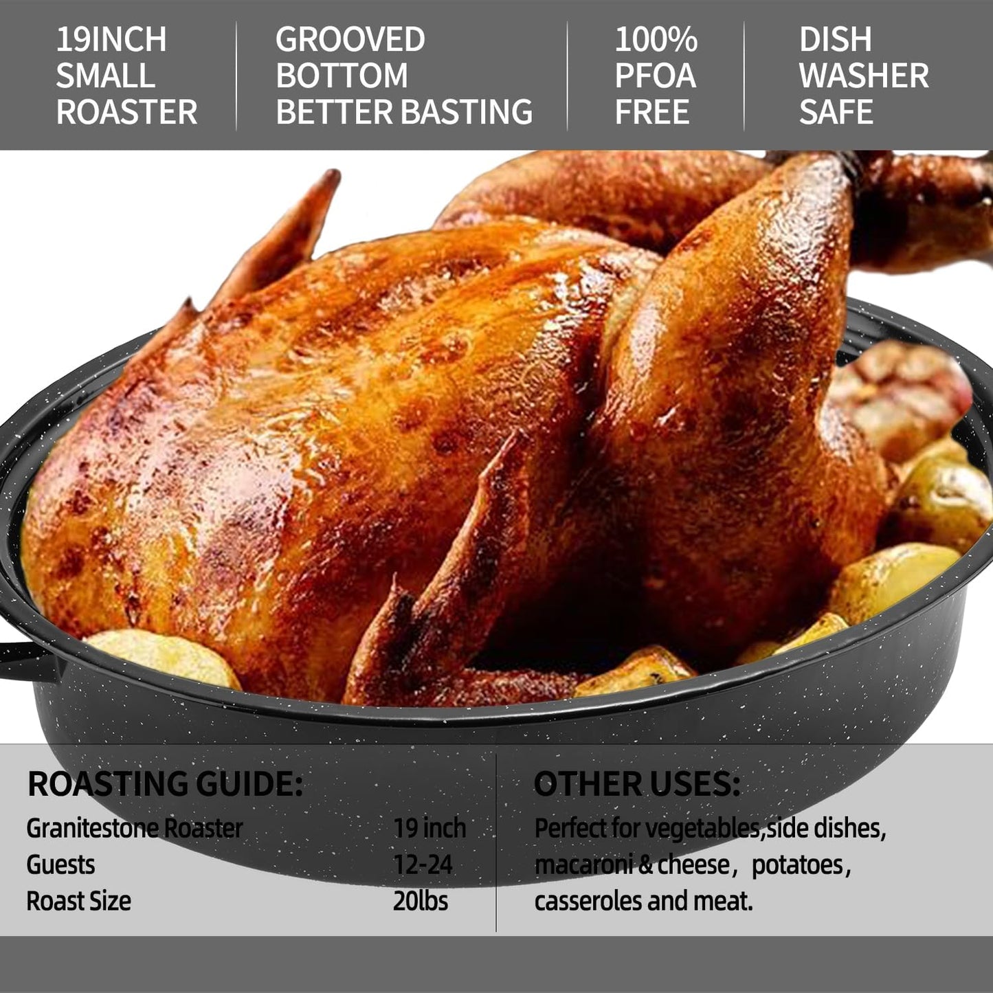Granite Roaster Pan, 19” Enameled Roasting Pan with Domed Lid. Oval Turkey Roaster Pot, Broiler Pan Great for Turkey, Chicken, Lamb, Vegetable. Dishwasher Safe Cookware Fit for 20Lb Turkey by Kendane