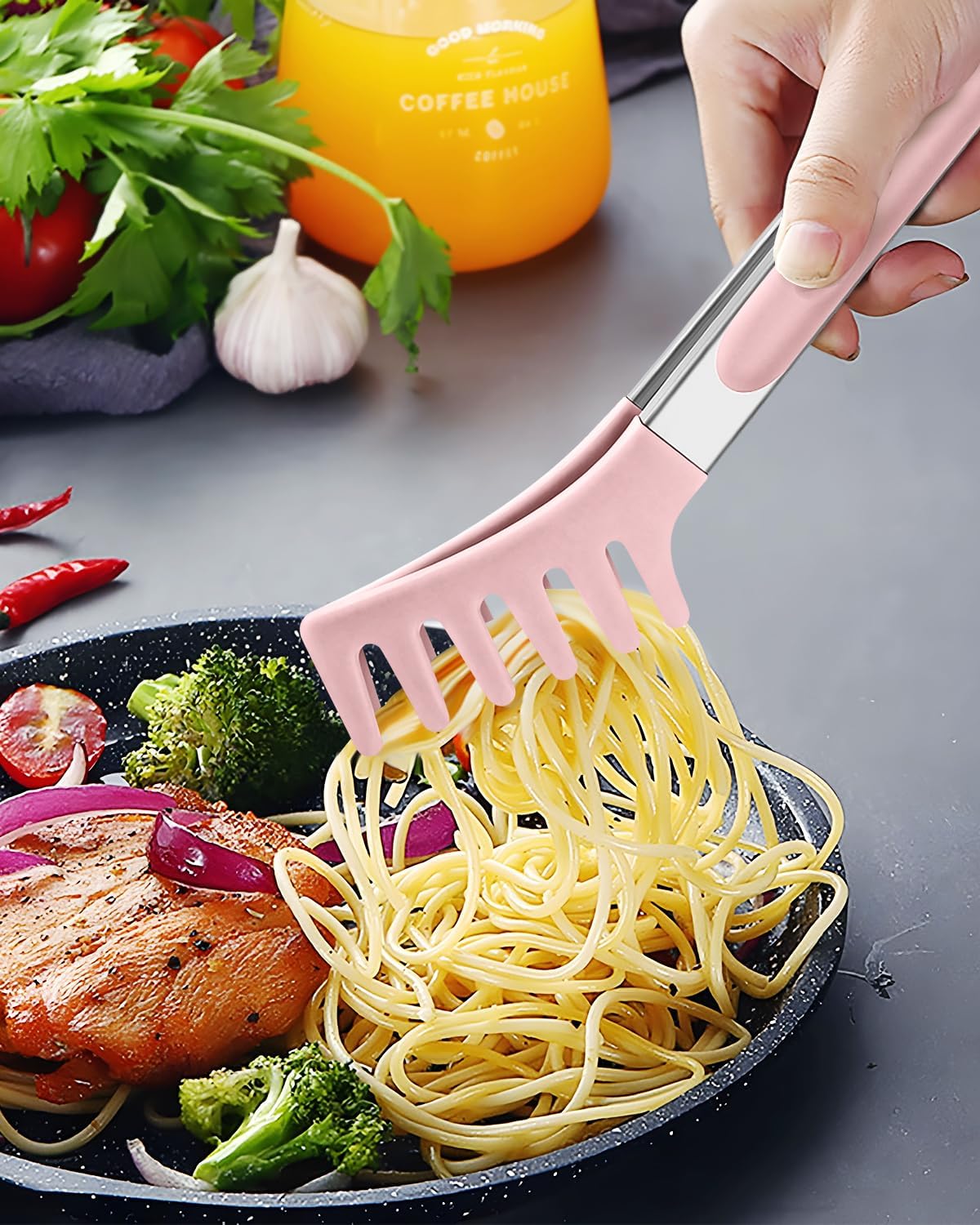 Spaghetti Spoon and Pasta Tong, Non-stick Silicone Spoon Server Fork With Teeth and Stainless Steel Handle, Food Clip for Noodles, Pink