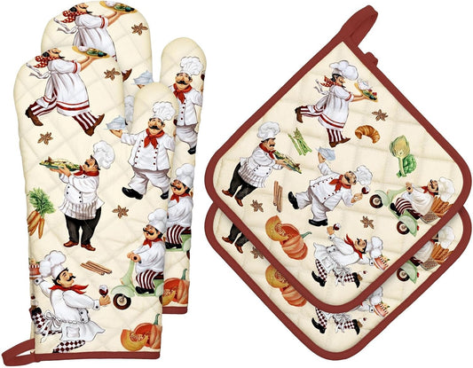 Chef Oven Mitts and Pot Holders Sets 4Pcs, 100% Cotton Heat Resistant, Extra Long Oven Gloves Potholder for Kitchen Cooking Baking Decoration