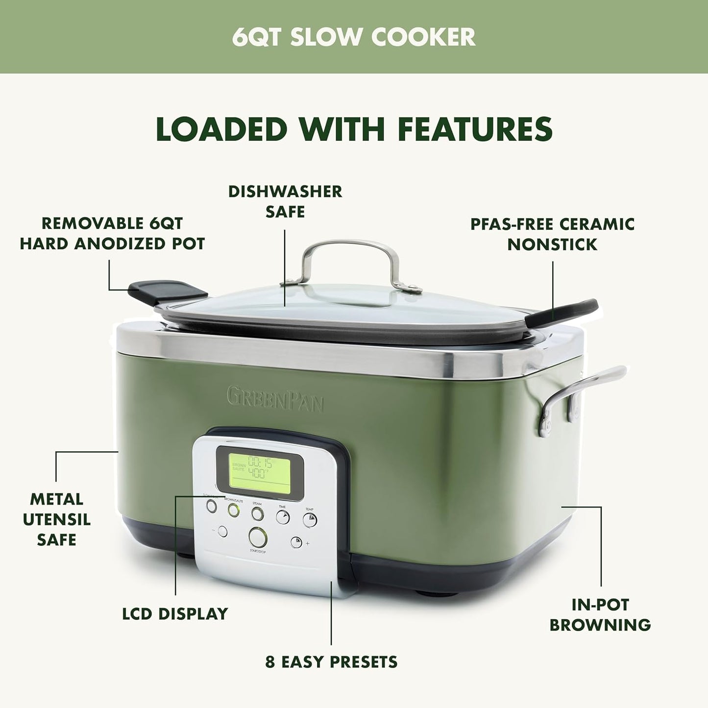 GreenPan Elite 8-in-1 Programmable 6QT Electric Slow Cooker, Dishwasher Safe Lid & Removable Crock, PFAS-Free Healthy Ceramic Nonstick Multi-Cooker, Sear, Sauté, Brown, Steam Basket, Roast, Sage Green