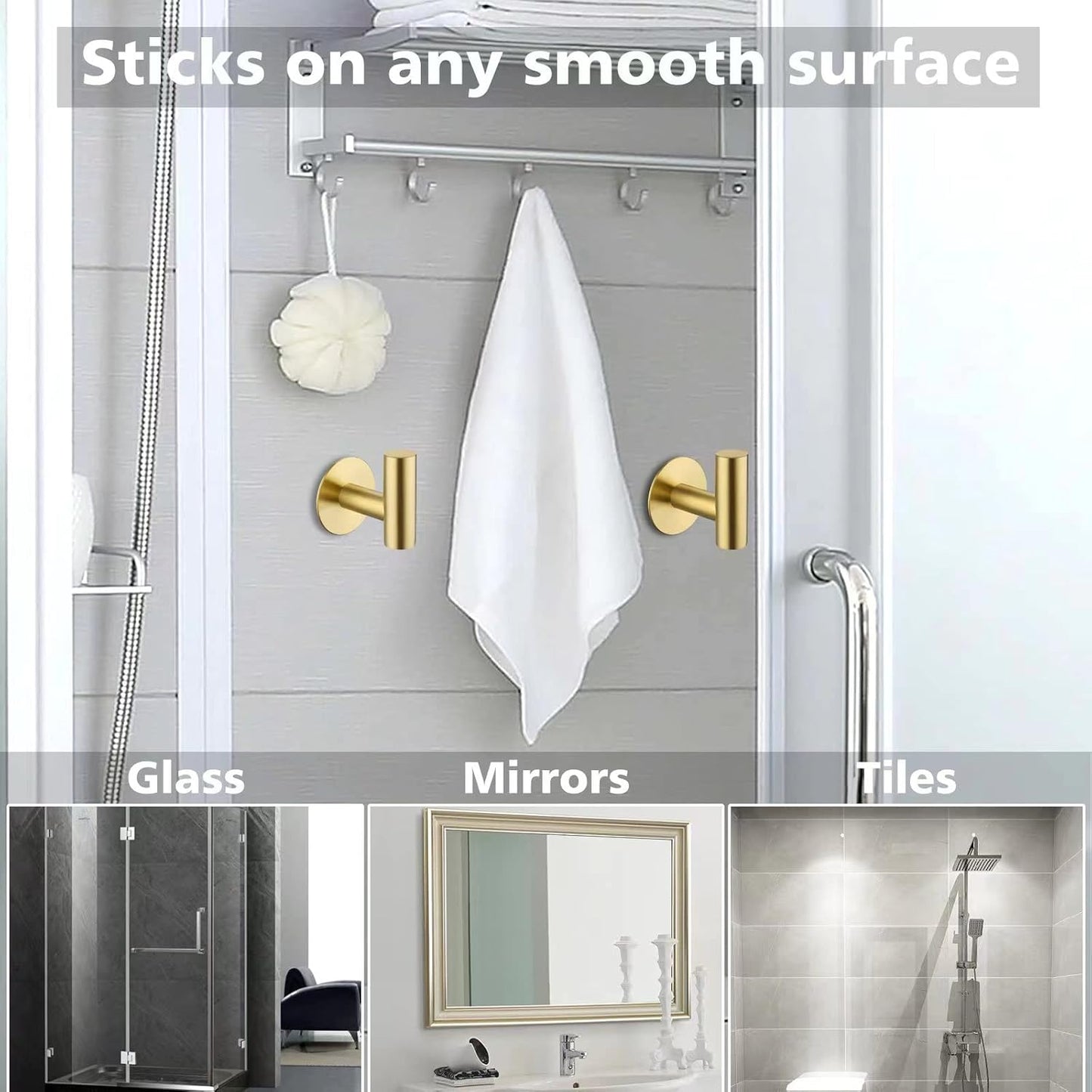 Adhesive Towel Hooks, Heavy Duty Wall Hooks Stainless Steel Waterproof Shower Towel Hooks - 4 Pack, Gold