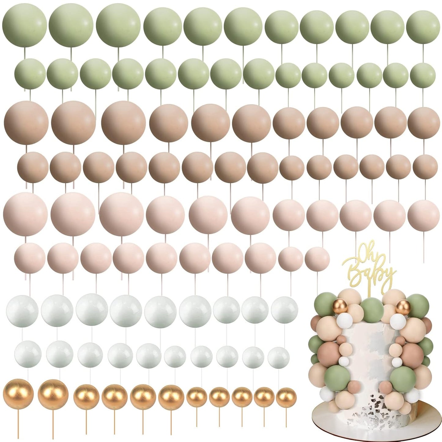108 Pcs Balls Cake Topper DIY Cupcake Insert Foam Balloons for Cake Baking Wedding Anniversary Birthday Decoration(Matcha Green, Light Brown, Khaki,Multi Sizes)