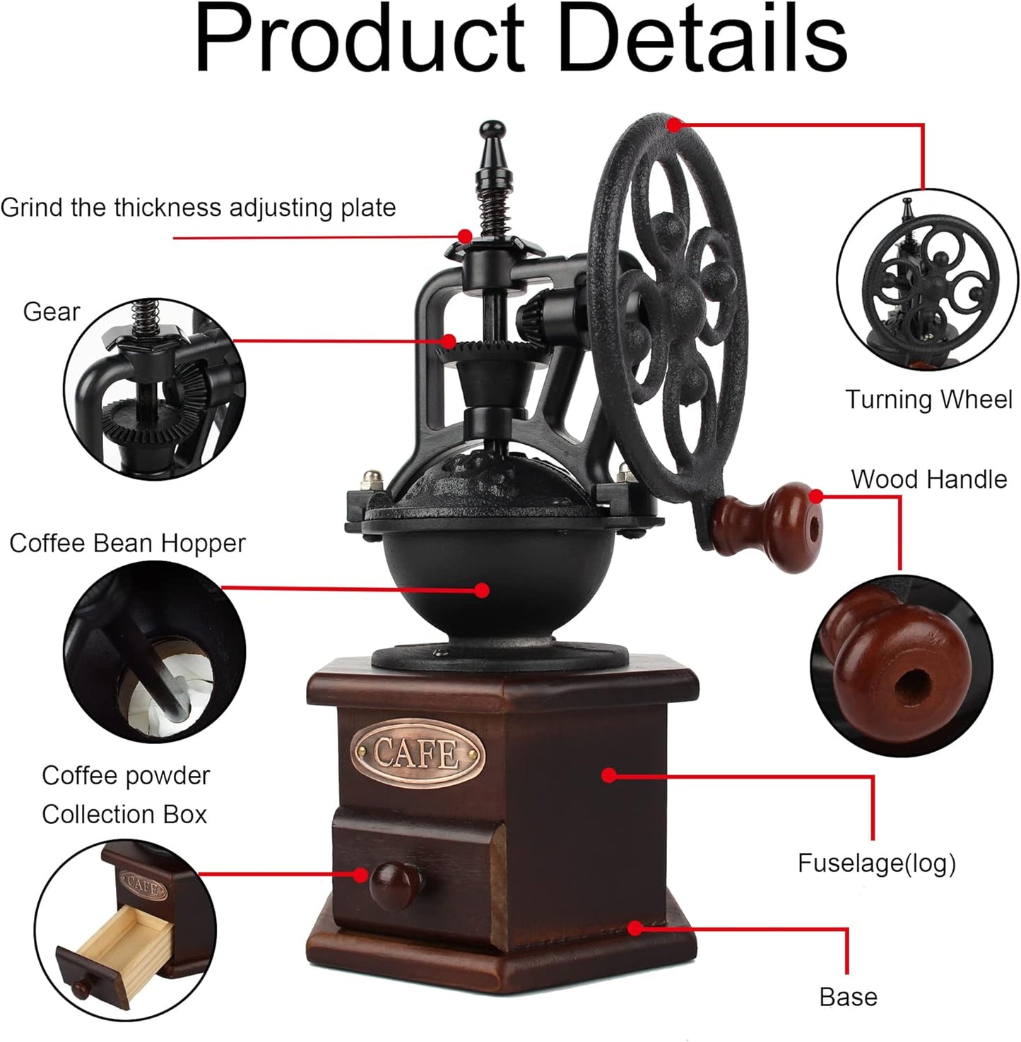 Coffee Grinder,Wooden Coffee Bean Grinder Manual Coffee Grinder Roller, Antique Coffee Mill with Cast Iron Hand Crank for Making Mesh Coffee, Decoration, Best Gift (Brown (six deformation base))