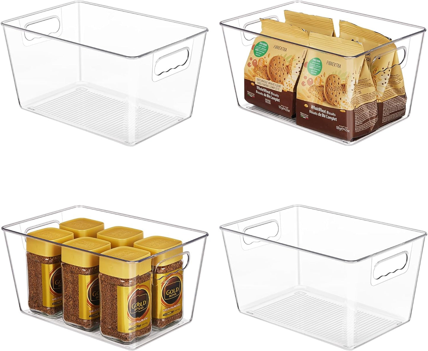 YIHONG Clear Plastic Storage Bins, 4 Pack Pantry Organizer Bins with Handle for Kitchen, Freezer,Cabinet,Closet Organization and Storage