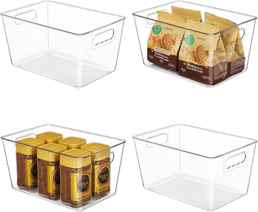 YIHONG Clear Plastic Storage Bins, 4 Pack Pantry Organizer Bins with Handle for Kitchen, Freezer,Cabinet,Closet Organization and Storage