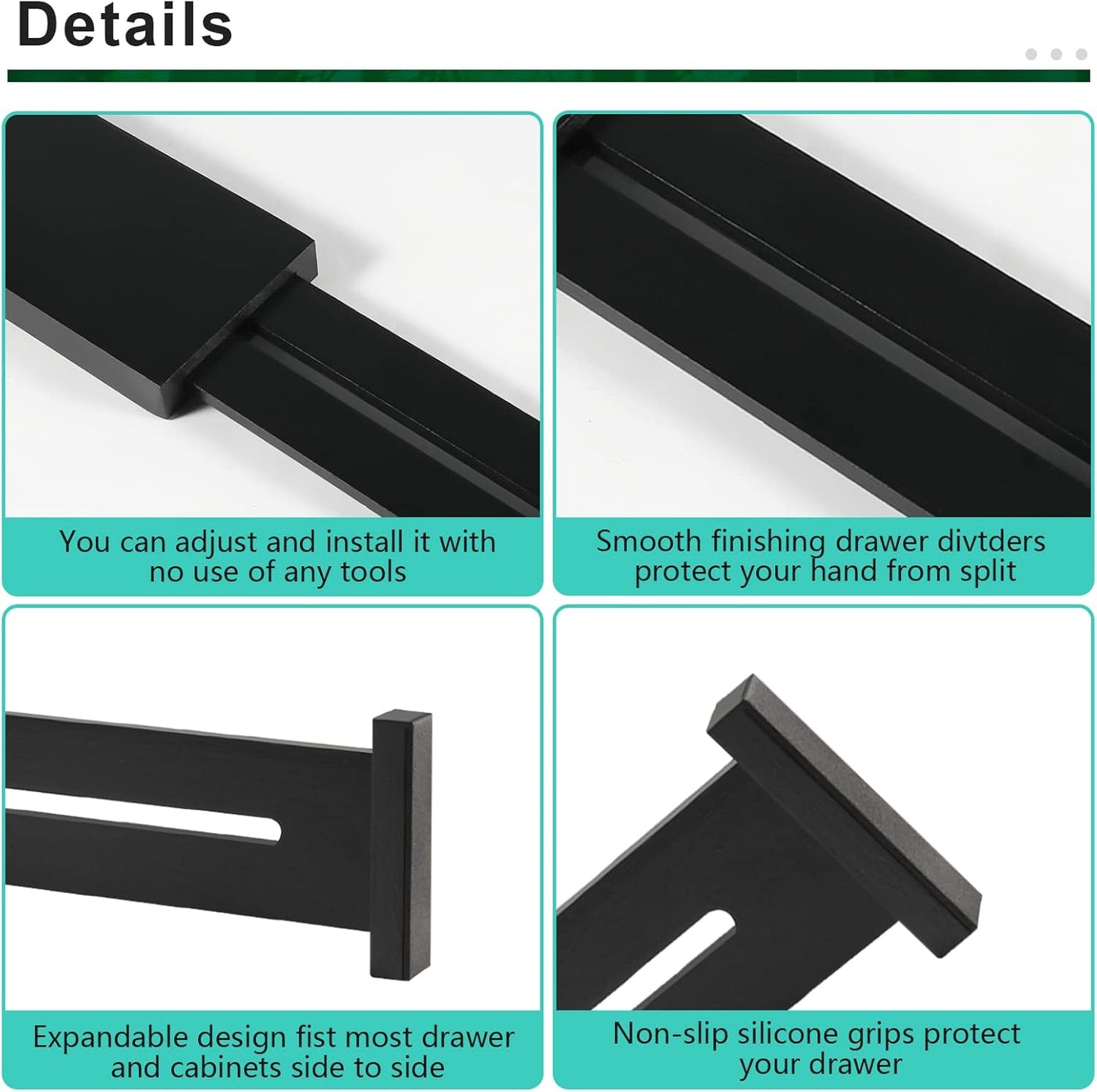 4 Pack Bamboo Drawer Dividers, Adjustable Length from 12 Inch to 17 Inch, Expandable Kitchen Drawer Organizer, Drawer Organization Separators for Clothes, Kitchen, Bedroom, Dresser, Office (Black)