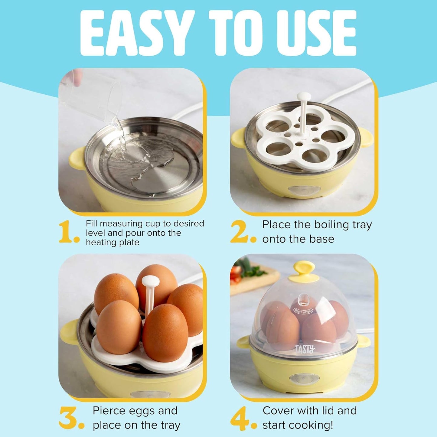 Tasty Mini Rapid Egg Cooker, 5-Egg Capacity for Perfect Hard Boiled Eggs or Omelets, Auto Shut Off, Yellow