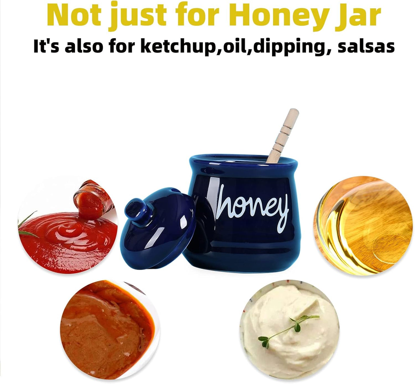 Honey Jar with Dipper and Lid, Ceramic Honey Pot 12oz (Navy)