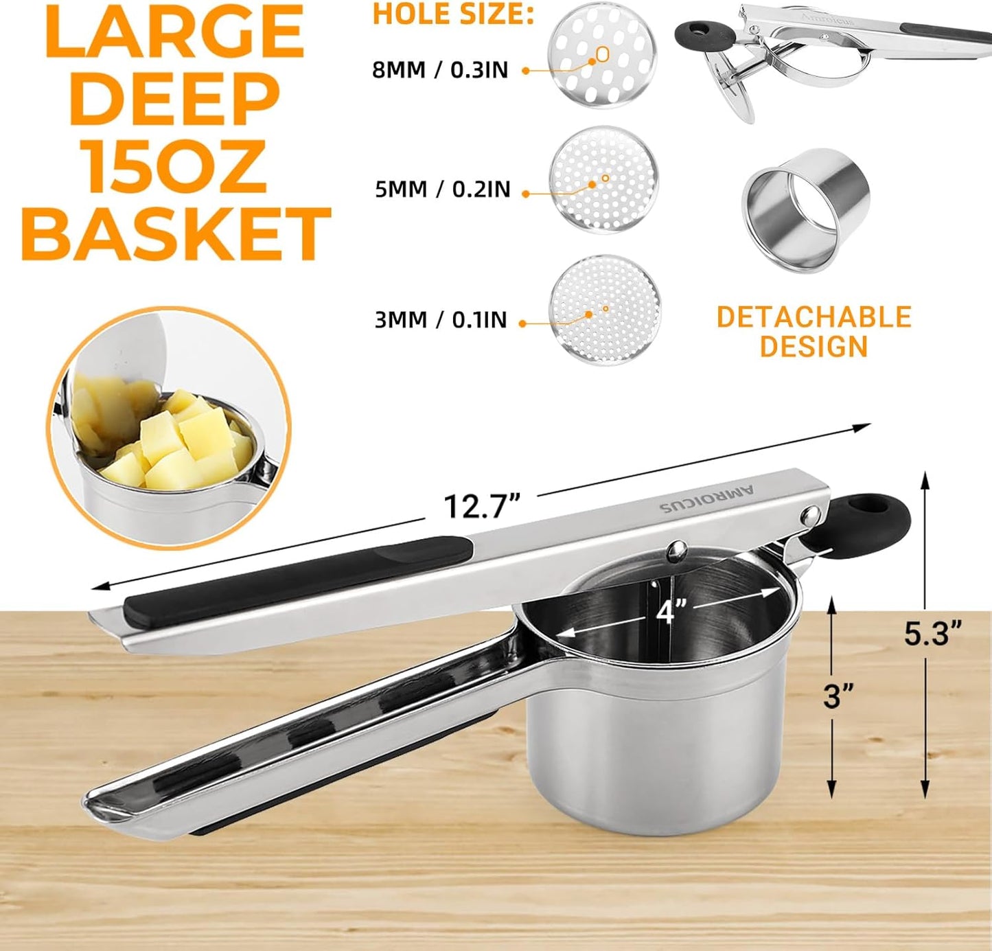 Potato Ricer 15oz, Heavy Duty Stainless Steel Potato Masher with 3 Interchangeable Discs, Large Masher and Ricer Kitchen Tool for Mashed Potatoes, Spaetzle Noodle Maker, Potato Press