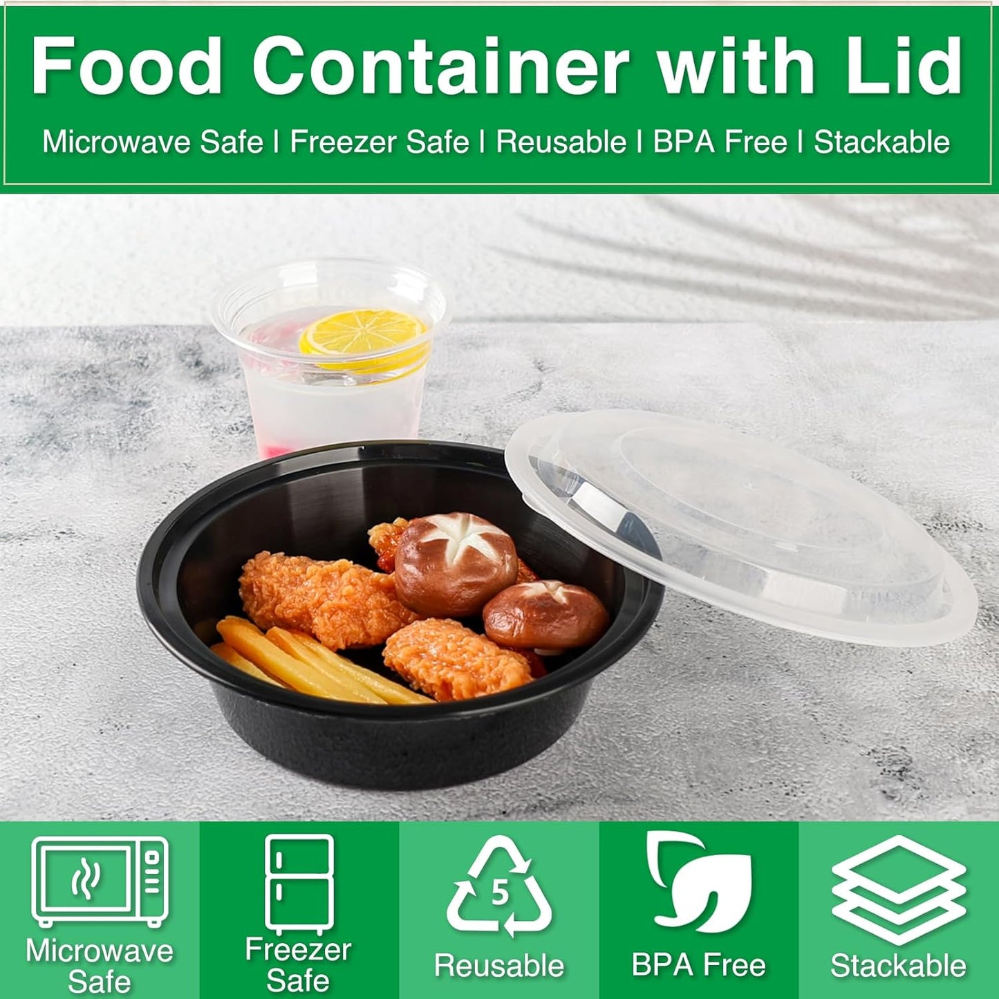 Meal Prep Containers Reusable 50 Pack-29 oz Food Storage Containers with Lids To Go Food Containers Takeout, Microwave Dishwasher Freezer Safe, Stackable, BPA Free, Plastic(Black)