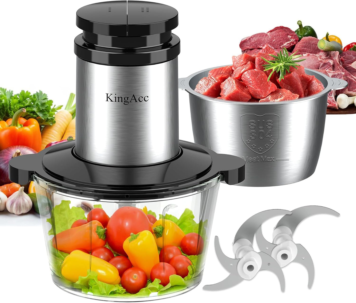 KingAcc Food Processor, 8-Cup 500W Meat Grinder & Mini Electric Vegetable Chopper with Copper Motor, 2 Blades & Dual Bowls (Glass+Stainless Steel), Overheat Protection for Baby Food/Meat/Home Kitchen