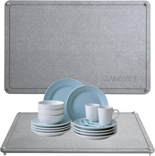 Stone Dish Drying Mat 24"×16" Large Diatomaceous Earth Dishes Quick Dry Pad for Kitchen Counter with Heighten Stainless Steel Feet, Fits Various Countertops & Drain Bowl Racks, Dark Gray