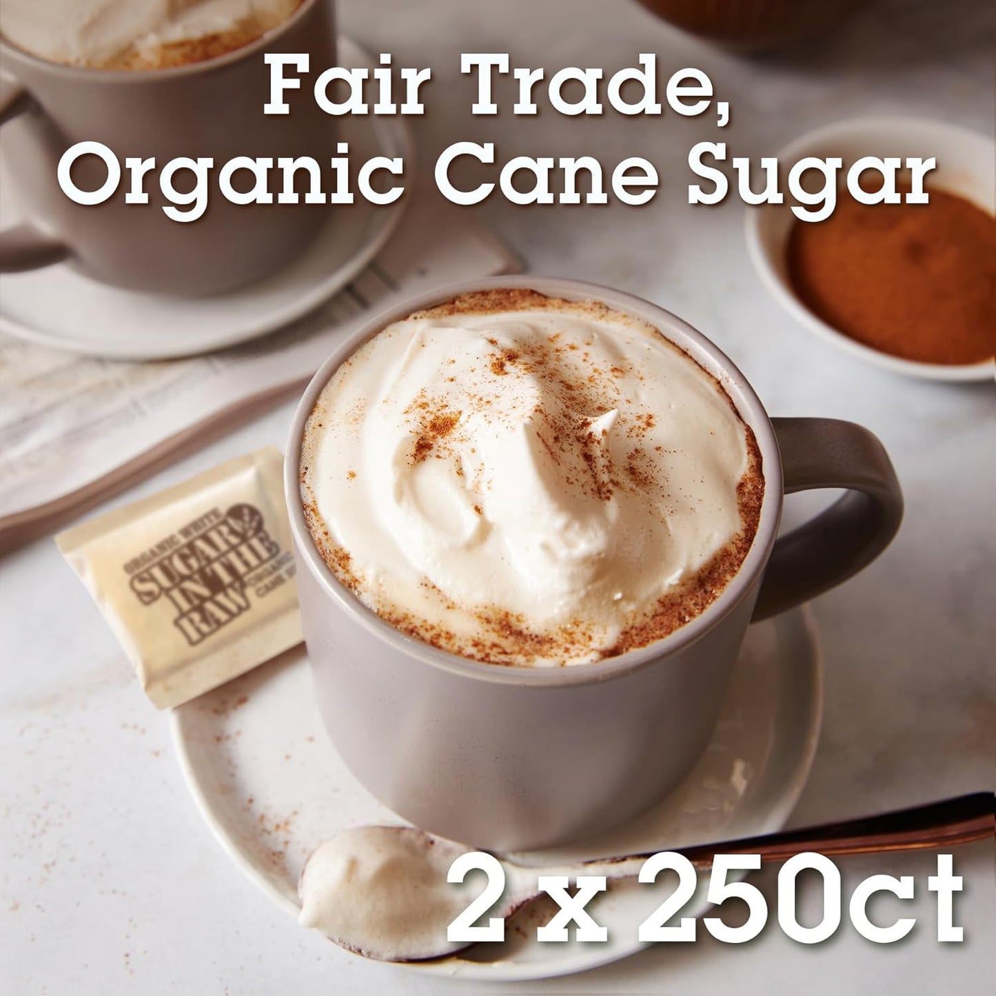 Sugar In The Raw Organic Granulated White Premium Cane Sugar, No Added Flavors or erythritol, Pure Natural Sweetener, Hot & Cold Drinks, Coffee, Tea, Vegan, Gluten-Free, Non-GMO, Bulk Sugar, 250 ct packets (2-Pack)