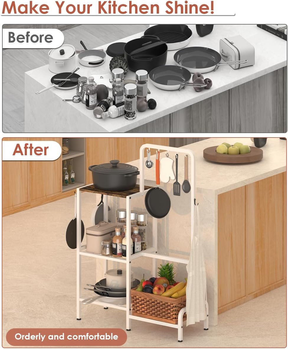 Mocomax 3-Tier Pot and Pan Organizer Rack, Free Standing Cookware Storage Stand, Multifunctional Metal Corner Shelf Holds 50LB, Pan Pot Lid Tower Holder with 8 Hooks for Kitchen Pantry and Home, White