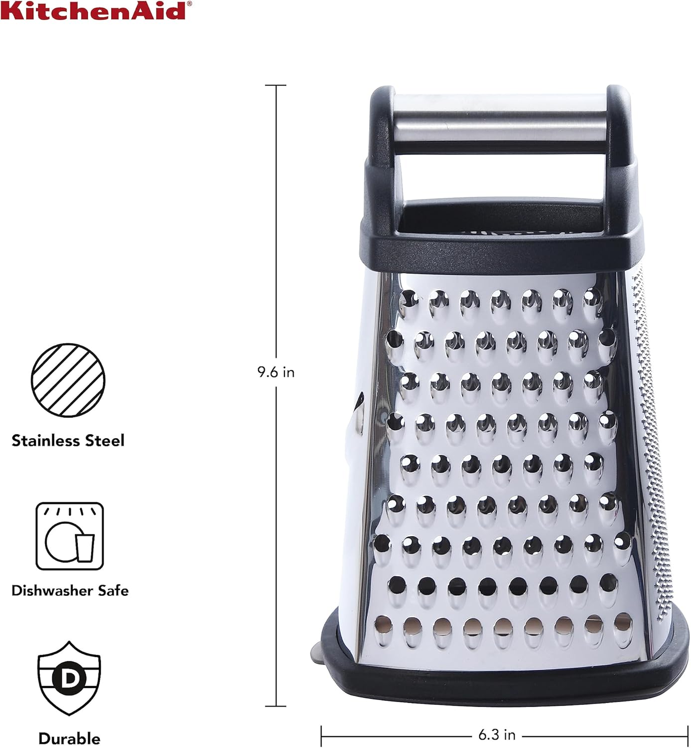 KitchenAid Gourmet 4-Sided Stainless Steel Box Grater for Fine, Medium and Coarse Grate, and Slicing, Detachable 3 Cup Storage Container and Measurment Markings, Dishwasher Safe, 10 inches tall, Black
