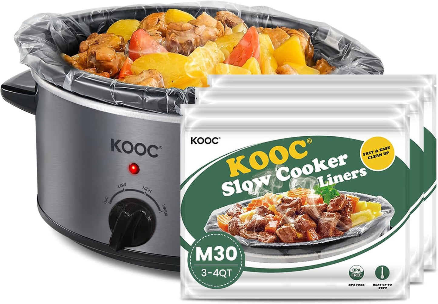 KOOC Slow Cooker Liners 11"x17" 30 count Middle Size Disposable Pot Liners Cooking Bags Fit 3 qt to 4 qt Pot BPA Free Fresh Locking Seal Design